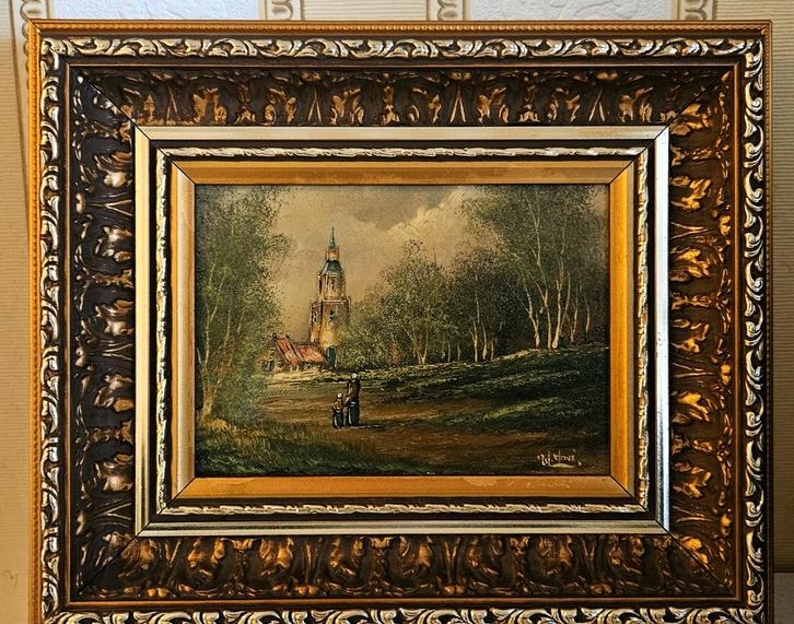 NOORD-Hollands Zaanstreek -Kerkje 3kleuren BLADGOUDENLIJST, Antiek en Kunst, Kunst | Schilderijen | Klassiek, Ophalen