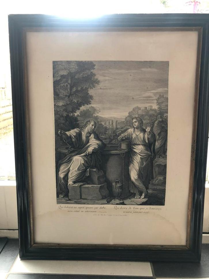 antieke pentekening, gravure in zwarte kader & verguld, Antiek en Kunst, Kunst | Etsen en Gravures, Ophalen of Verzenden