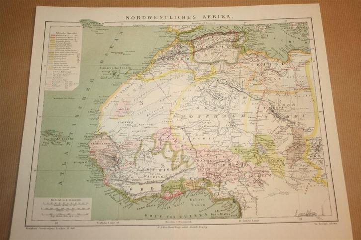 Antieke kaart - Noordwest-Afrika - circa 1885 !!, Boeken, Atlassen en Landkaarten, Gelezen, Landkaart, Wereld, 1800 tot 2000, Ophalen of Verzenden