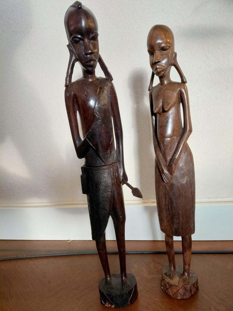 Grote Afrikaanse Ebben Houten Beelden Set  - Masai Kenia, Ophalen of Verzenden