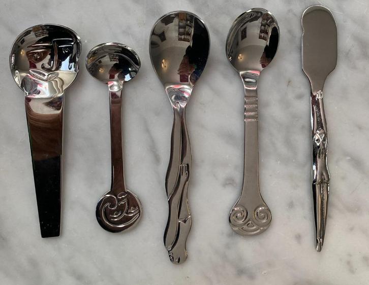 Carrol Boyes design rvs 4 lepeltjes en botermesje, Huis en Inrichting, Keuken | Bestek, Zo goed als nieuw, Rvs of Chroom, Ophalen of Verzenden