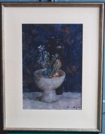 Herman Bogman (1890-1975) aquarel stilleven cactus en fles  beschikbaar voor biedingen