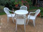 Balkonset 4 stapelstoelen en ronde tafel., Ophalen, 4 zitplaatsen, Kunststof, Gebruikt