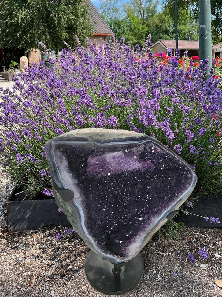 Amethist geode (19) van 30 kg op standaard met agaat rand, Verzamelen, Mineralen en Fossielen, Mineraal, Ophalen of Verzenden