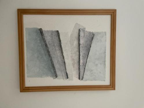Kunstwerk kitty kengen. Mixed media. Grijs / blauwe tinten., Antiek en Kunst, Kunst | Schilderijen | Abstract, Ophalen