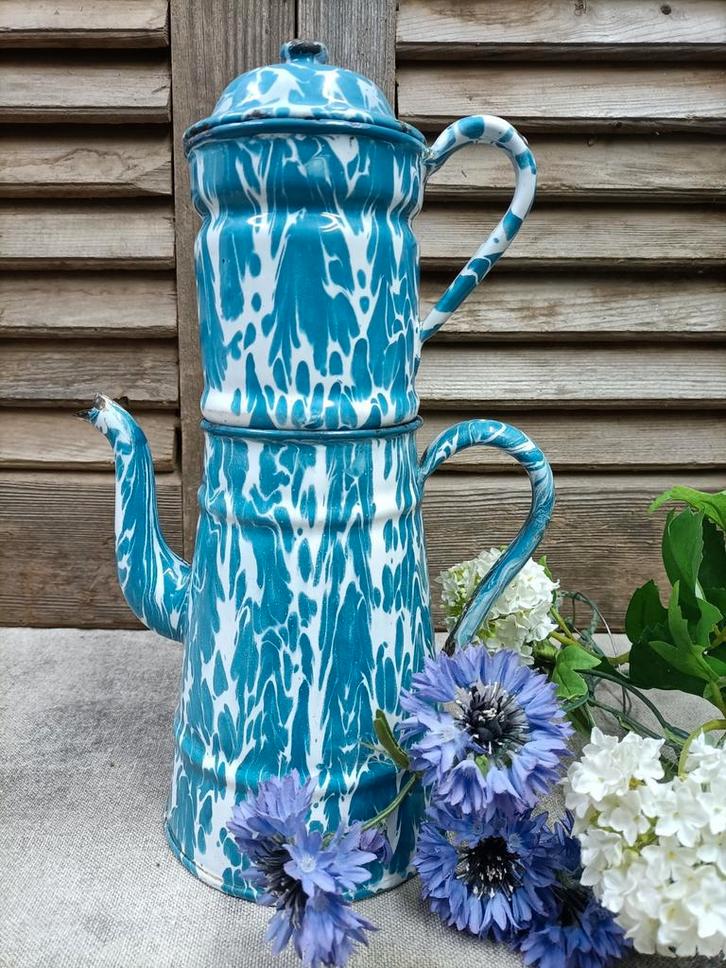 Oud Frans emaille koffiepot met filter, Antiek en Kunst, Antiek | Emaille, Ophalen of Verzenden