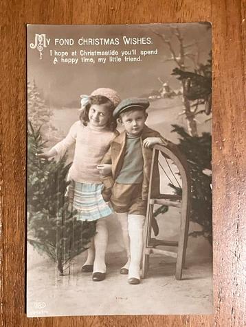 Art Nouveau Kerstkaart uit Engeland. Kinderen met slee. 1914 beschikbaar voor biedingen