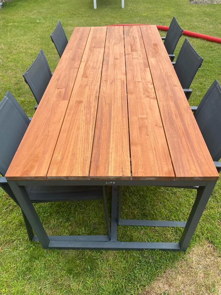 LIFE alvaro design tuinset met 6 stoelen Teak en aluminium, Tuin en Terras, Tuinsets en Loungesets, Zo goed als nieuw, Aluminium