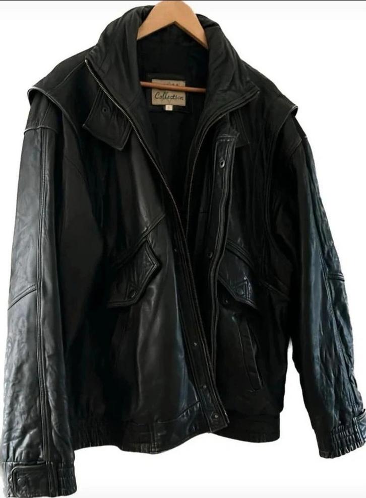 Vintage Leren Bomberjack Oversized 90s Maat L, Kleding | Heren, Jassen | Winter, Gedragen, Maat 52/54 (L), Zwart, Ophalen of Verzenden