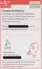 Diergaarde Blijdorp €3,50 korting p.p. Postcodeloterij bon., Tickets en Kaartjes, Drie personen of meer, Kortingskaart