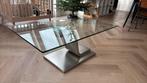 Moderne glazen salontafel met metalen onderstel, Ophalen, 100 tot 150 cm, Designer piece, Vierkant