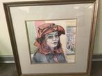 Aquarel - vrouw met rood haar en rode hoed door Anna Pauw, Antiek en Kunst, Kunst | Schilderijen | Klassiek, Ophalen of Verzenden
