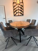 Mangohouten eettafel met stalen poten + 5 draaibare stoelen, Huis en Inrichting, Tafels | Eettafels, Gebruikt, Vijf personen of meer