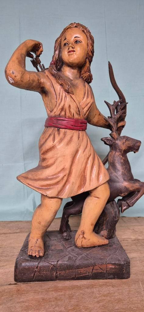 Houten Beeld Diana met Hert godin van de jacht, Antiek en Kunst, Kunst | Beelden en Houtsnijwerken, Ophalen of Verzenden
