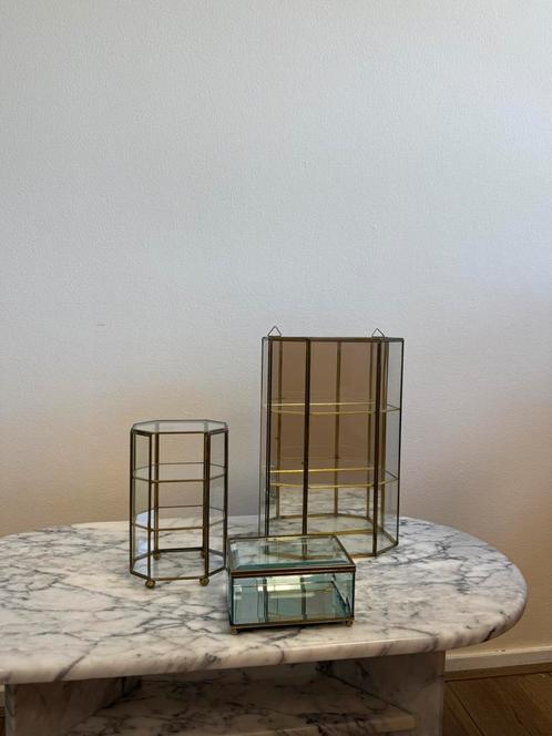 Vintage messing vitrinekastjes pronkkastjes goud antiek glas, Huis en Inrichting, Woonaccessoires | Kandelaars en Kaarsen, Zo goed als nieuw