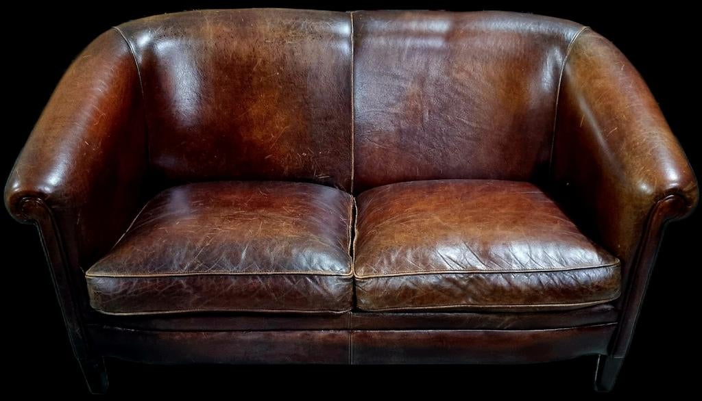 Schapenleren vintage bank cognac leer + GRATIS BEZORGING, Ophalen of Verzenden