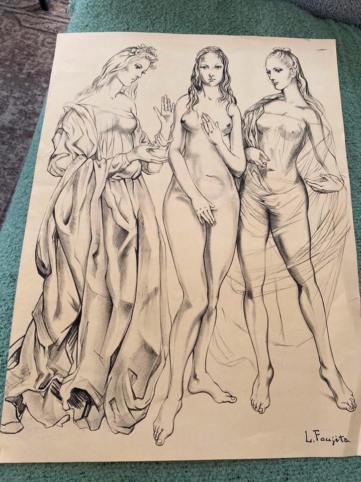 Originele litho - De Drie Gratiën - Léonard Foujita - 1960, Antiek en Kunst, Kunst | Litho's en Zeefdrukken, Ophalen of Verzenden