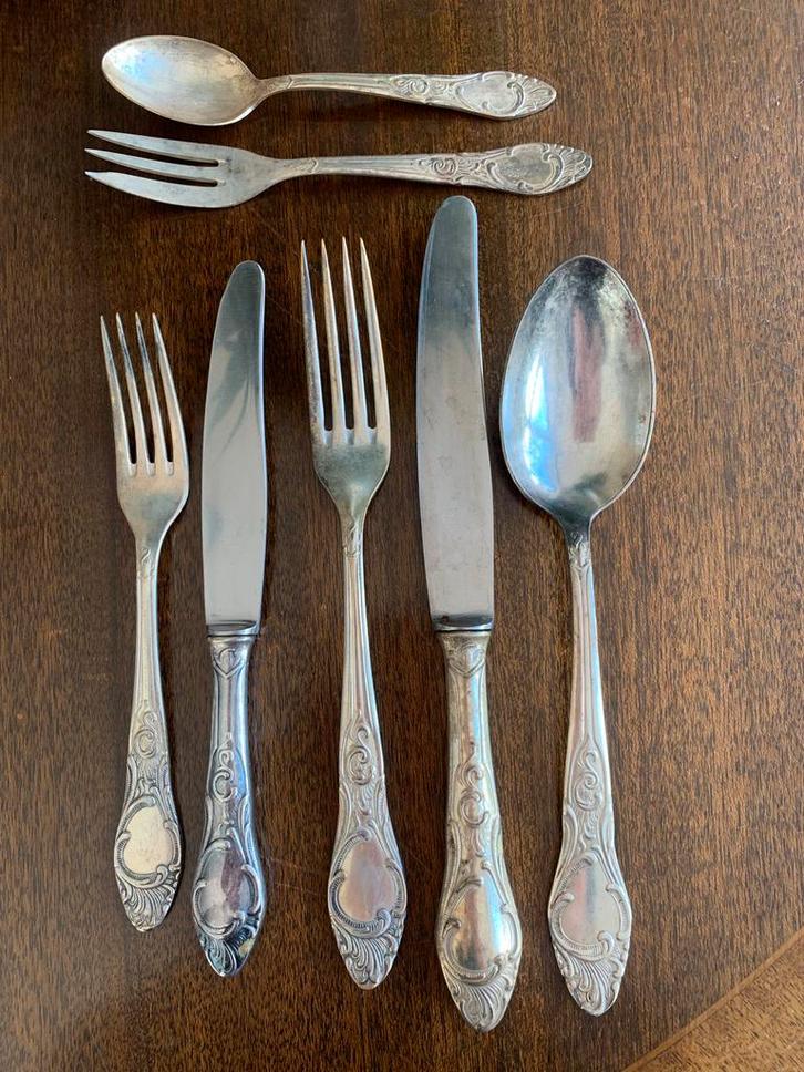 Antiek verzilverd bestek  - 12 persoons, Antiek en Kunst, Antiek | Bestek, Ophalen of Verzenden