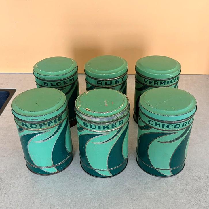 6 voorraadbussen art deco, Verzamelen, Blikken, Gebruikt, Overige, Overige merken, Ophalen of Verzenden