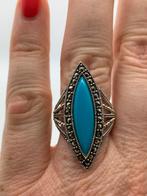 V915 Prachtige zilveren ring turkoois markasiet maat 19, Sieraden, Tassen en Uiterlijk, Ringen, 19 tot 20, Ophalen of Verzenden