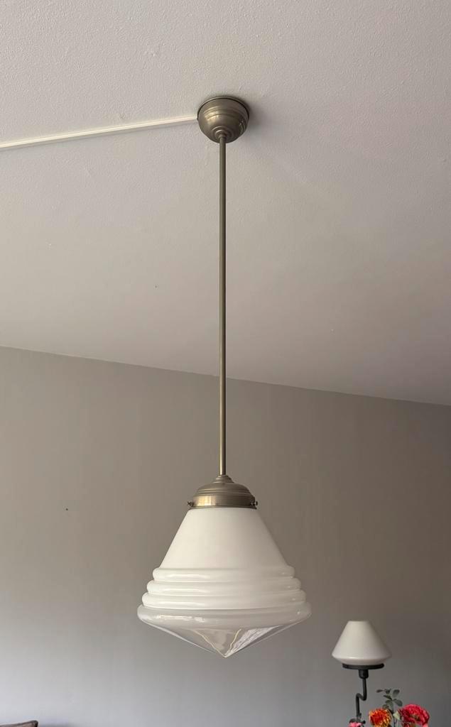 3 x oude hang schoollampen maat L, Huis en Inrichting, Lampen | Hanglampen, Zo goed als nieuw, Minder dan 50 cm, Glas, Ophalen