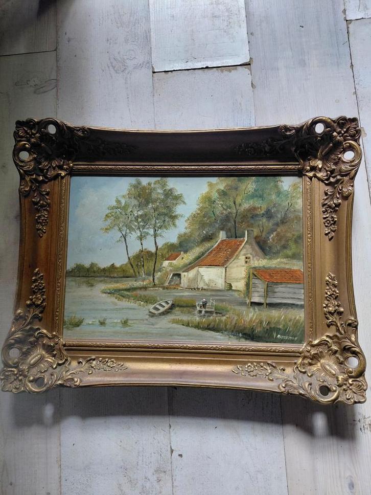 Schilderij met landschap en gouden lijst, Antiek en Kunst, Kunst | Schilderijen | Klassiek, Ophalen of Verzenden