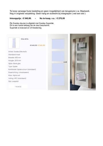 Glas-Binnendeur - Nieuw - Opdek beschikbaar voor biedingen
