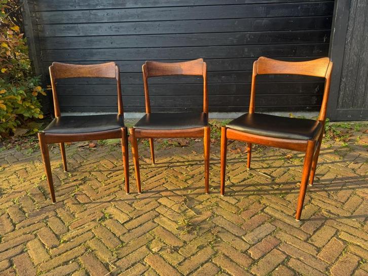 Set van 3 Vintage deens design stoelen palissander en leer, Huis en Inrichting, Stoelen, Gebruikt, Drie, Hout, Leer, Bruin, Ophalen