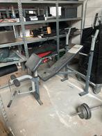 Bankdruk apparaat met halterstang en gewichten, Sport en Fitness, Ophalen, Gebruikt, Armen, Fitnessbank