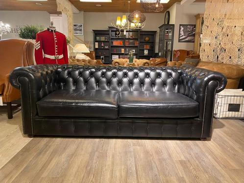 Originele Chesterfield 3,5 Zits bank  Zwart leer, Huis en Inrichting, Banken | Bankstellen, 200 tot 250 cm, 75 tot 100 cm, Ophalen of Verzenden