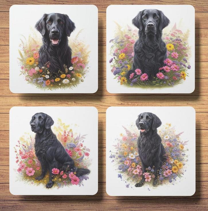 Flatcoated Retriever Lente onderzetters met houder, Huis en Inrichting, Woonaccessoires | Onderzetters, Nieuw, Glas of Kopje, Ophalen of Verzenden