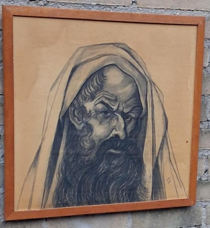 B.R.B. Portret oude man. Potloodtekening. '52.   45/49 cm., Antiek en Kunst, Kunst | Tekeningen en Foto's, Ophalen