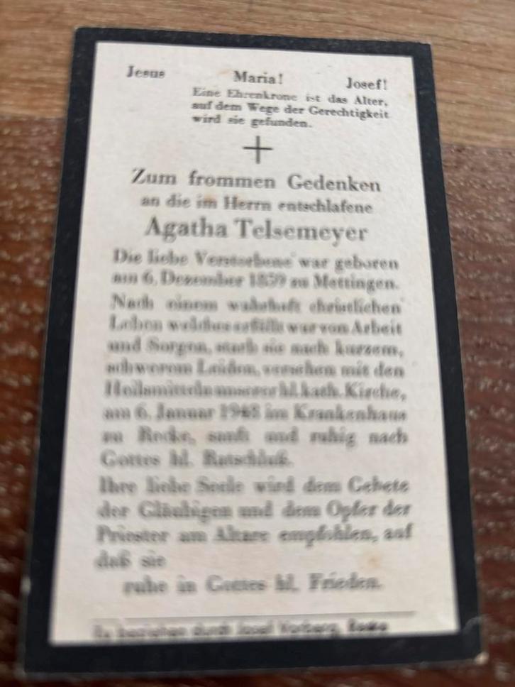 Agatha Telsemeyer 1859-1942 Mettingen, Verzamelen, Bidprentjes en Rouwkaarten, Bidprentje, Ophalen of Verzenden