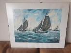 Aquarel 2 platbodems op zee gesigneerd MV, Antiek en Kunst, Kunst | Schilderijen | Klassiek, Ophalen