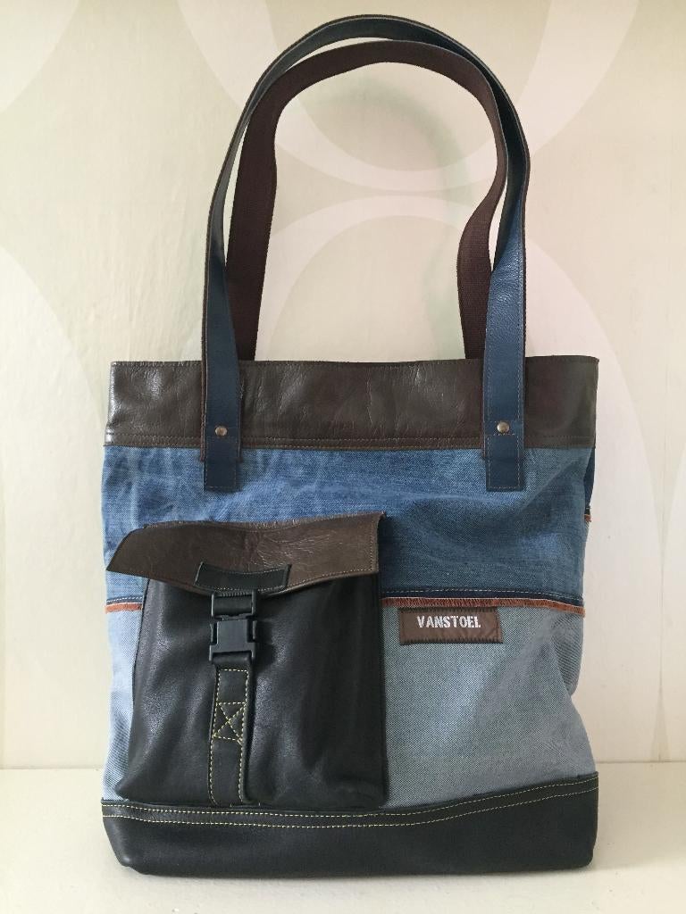 Shopper van Denim en Leer VanStoel#262 BLAUW BRUIN, Sieraden, Tassen en Uiterlijk, Tassen | Schoudertassen, Nieuw, Blauw, Leer