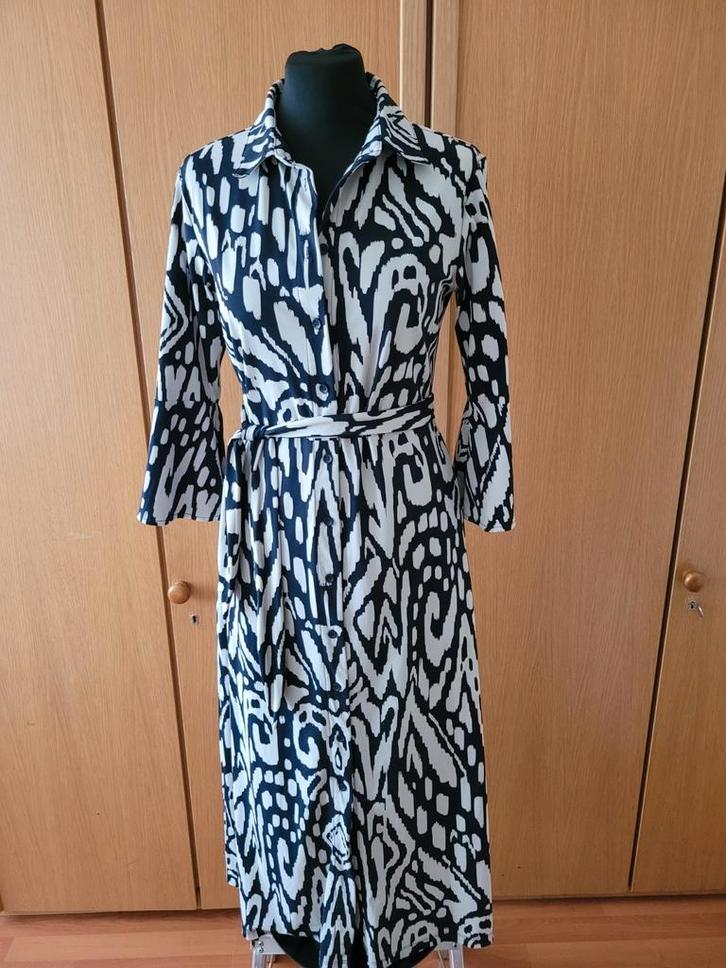 Zwart/Beige Knoopjurk - Maat S, Kleding | Dames, Jurken, Zo goed als nieuw, Maat 36 (S), Zwart, Onder de knie, Ophalen of Verzenden