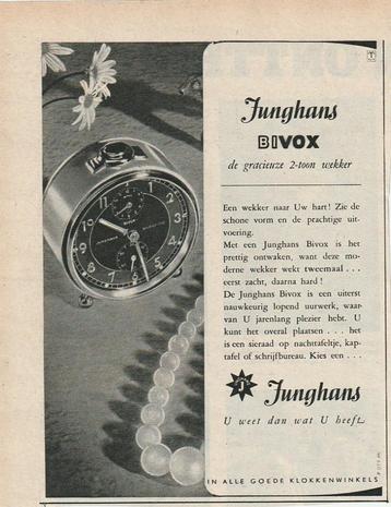 retro reclame 1952 Junghans Bivox 2-toon wekker beschikbaar voor biedingen