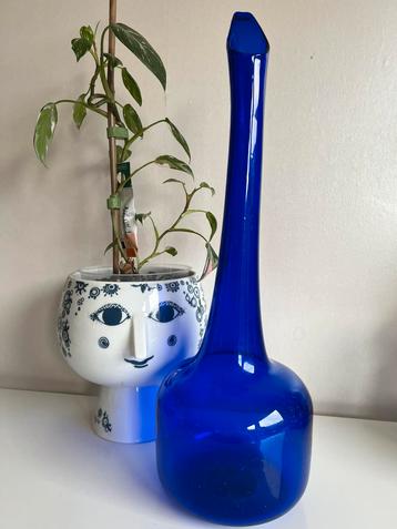 Vintage XL Italy Hoge Glas Vloervaas Solifleur Kobaltblauw beschikbaar voor biedingen