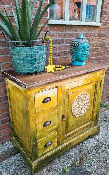 Boho shabby chic dressoir tv-kast geel groen vintage stijl  beschikbaar voor biedingen