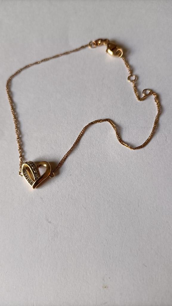 Oude fijne gouden armband hartje en 7 briljantjes, 14 krt, Sieraden, Tassen en Uiterlijk, Antieke sieraden, Armband, Goud, Met edelsteen