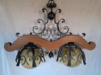 Vintage retro hanglamp staal, hout & glas, boerderij, Gebruikt, 50 tot 75 cm, Glas, Vintage
