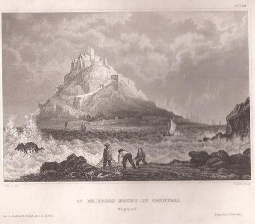 St. Michaels Mount in Cornwall (England) 1846, Antiek en Kunst, Kunst | Etsen en Gravures, Ophalen of Verzenden