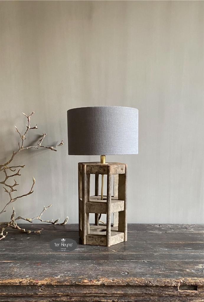 Houten Cotton Mill lamp Aura Peeperkorn stoer sober wonen, Huis en Inrichting, Lampen | Tafellampen, Nieuw, Minder dan 50 cm, Hout