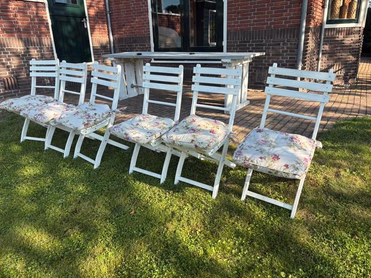 6 Witte houten tuinstoelen, Tuin en Terras, Tuinstoelen, Zo goed als nieuw, Hout, Inklapbaar, Ophalen