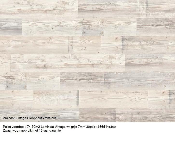 74,70m2 Laminaat Vintage wit grijs 7mm 30pak : €665 inc.btw, Huis en Inrichting, Stoffering | Vloerbedekking, Nieuw, Laminaat