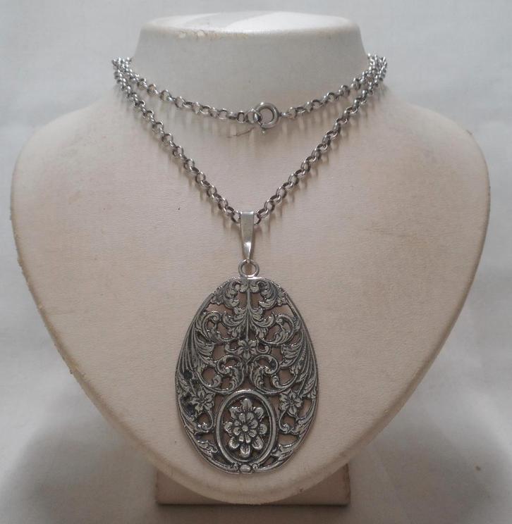 Zilveren lange jasseron met antieke hanger nr.040, Sieraden, Tassen en Uiterlijk, Antieke sieraden, Ketting, Zilver, Verzenden