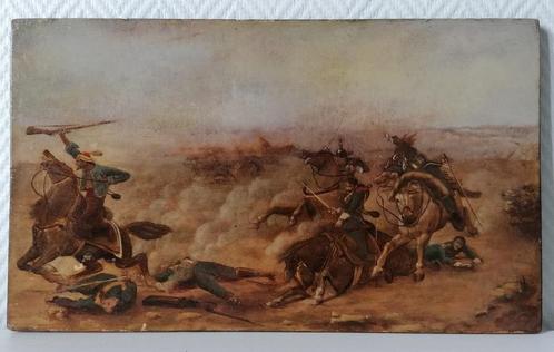 Antiek schilderij op paneel - Veldslagscène, Antiek en Kunst, Kunst | Schilderijen | Klassiek, Ophalen of Verzenden