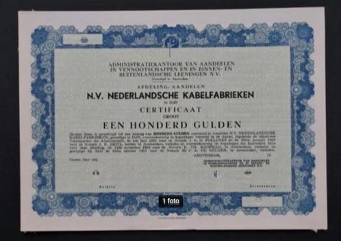 Nederlandsche Kabelfabrieken te Delft - 1958, Postzegels en Munten, Aandelen en Waardepapieren, Certificaat van aandeel, 1950 tot 1970