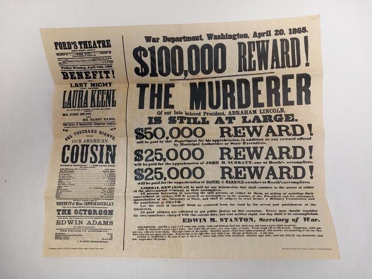 Abraham Lincoln reward poster reproduced, Verzamelen, Overige Verzamelen, Zo goed als nieuw, Ophalen of Verzenden