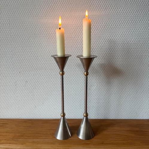 Memphis Stijl Kandelaren Jaren 60, Zilver Goud, Eclectisch, Huis en Inrichting, Woonaccessoires | Kandelaars en Kaarsen, Gebruikt